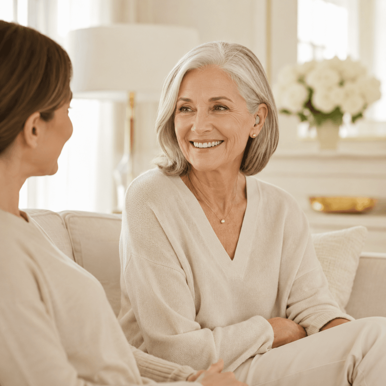 Patient smiling during a comfortable audiology consultation