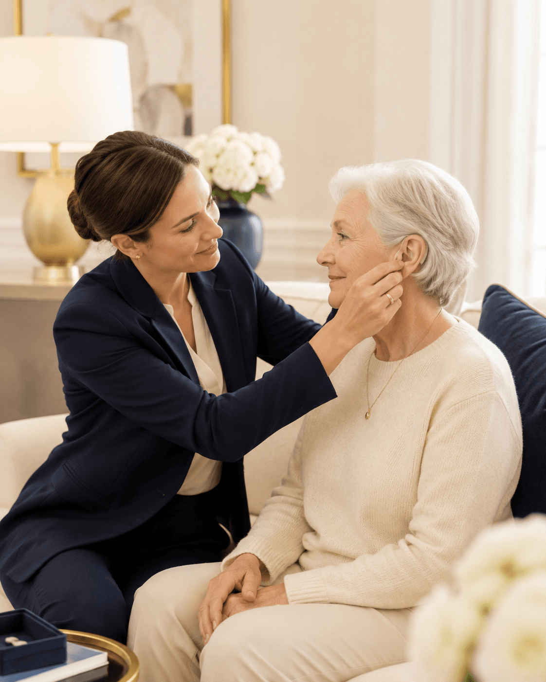 Audiology professional providing hearing-aid care during a home visit